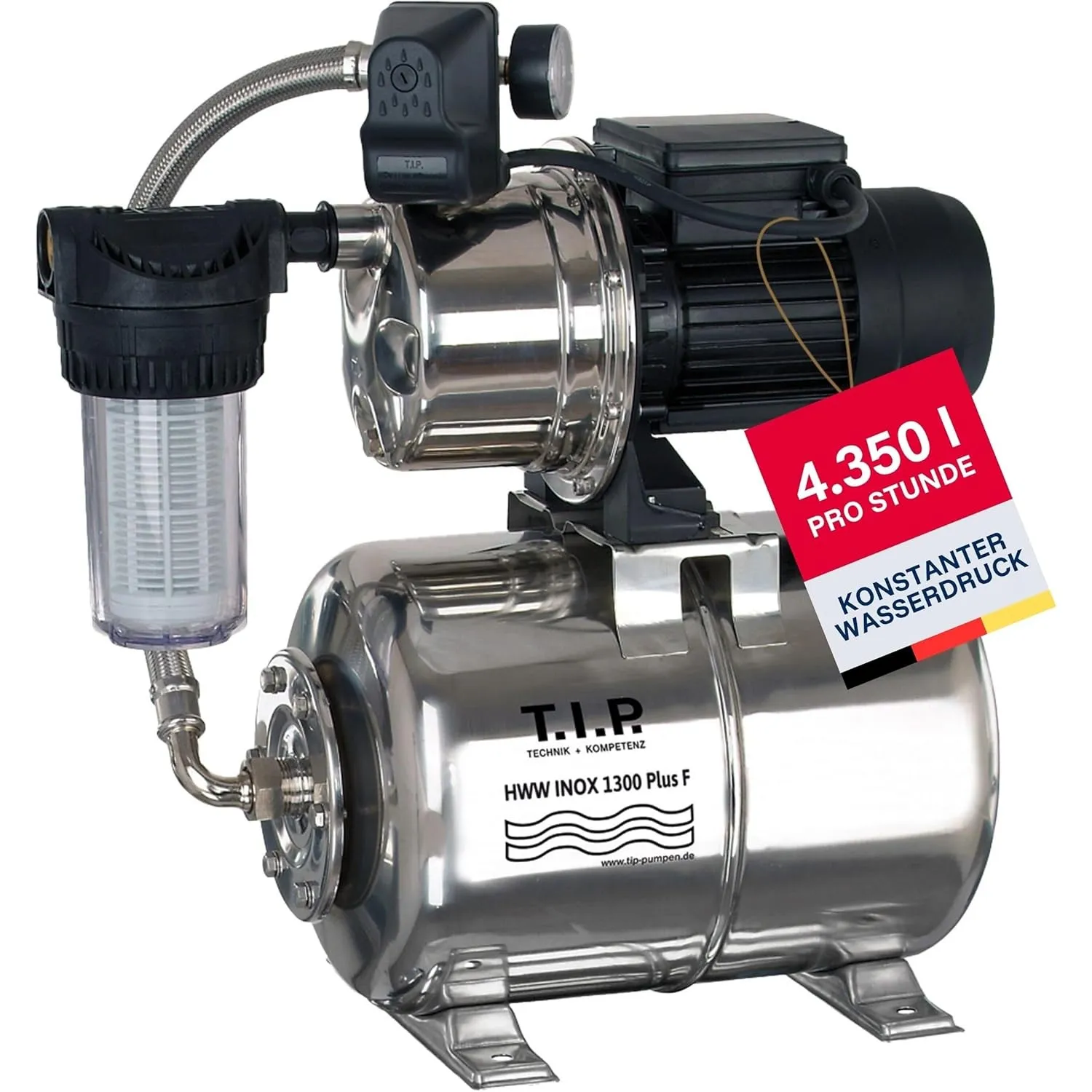 T.I.P. Hauswasserwerk HWW INOX 1300 Plus F – Edelstahl Druckkessel, 1200W, selbstansaugende Jet-Pumpe, 4350 l/h, 50m Fö…