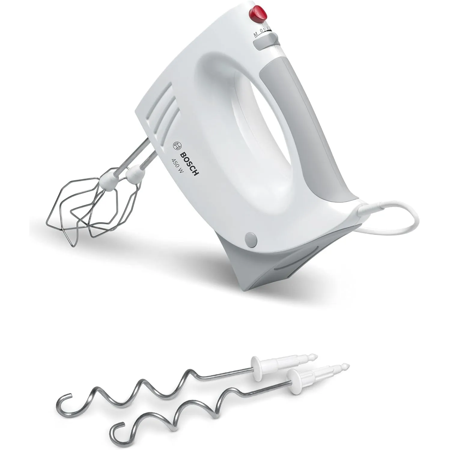 Bosch Handrührer MFQ3530, Handrührgerät, 2 Rührbesen, 2 Edelstahl-Knethaken,spülmaschinengeeignet, 5 Stufen, 450 W, weiß