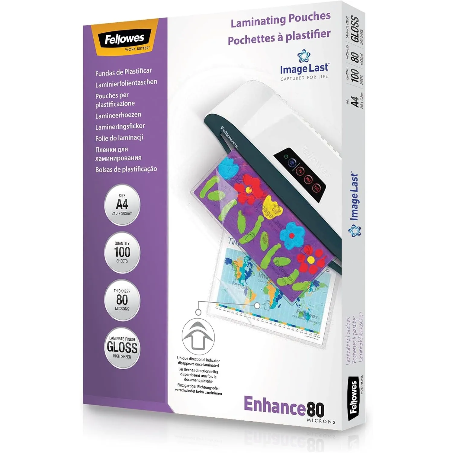 Fellowes Laminierfolien A4 ImageLast, 80 Mikron (2 x 80 mic), glänzend, 100 Stück, transparent mit Ausrichtungshilfe