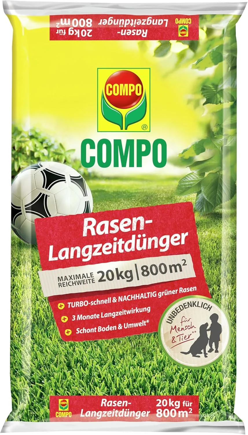 COMPO Rasendünger mit 3 Monaten Langzeitwirkung für Frühjahr und Sommer - tierfreundlich - Premium Rasen-Langzeitdünger…