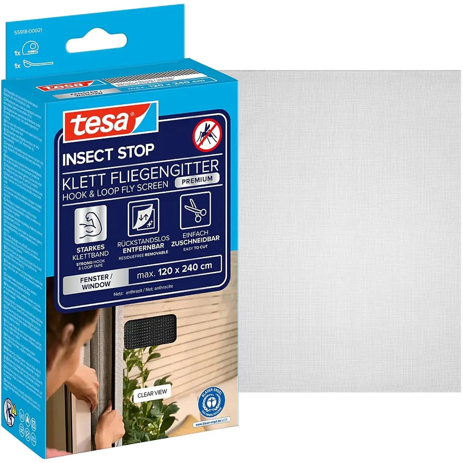 tesa INSECT STOP Klett Fliegengitter Premium für Fenster, Insektenschutz mit starkem Klettband, rückstandsfrei entfernb…