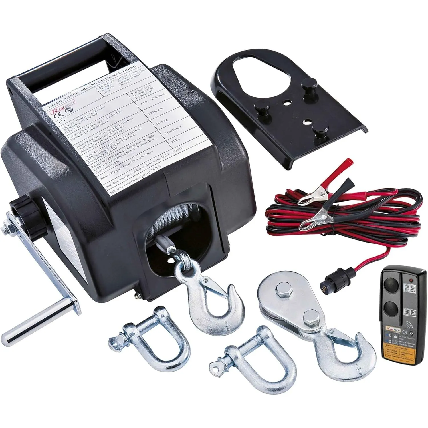 Ribitech 4277 Seilwinde für Auto, 5 t, vorwärts und rückwärts, 12 V, schwarz
