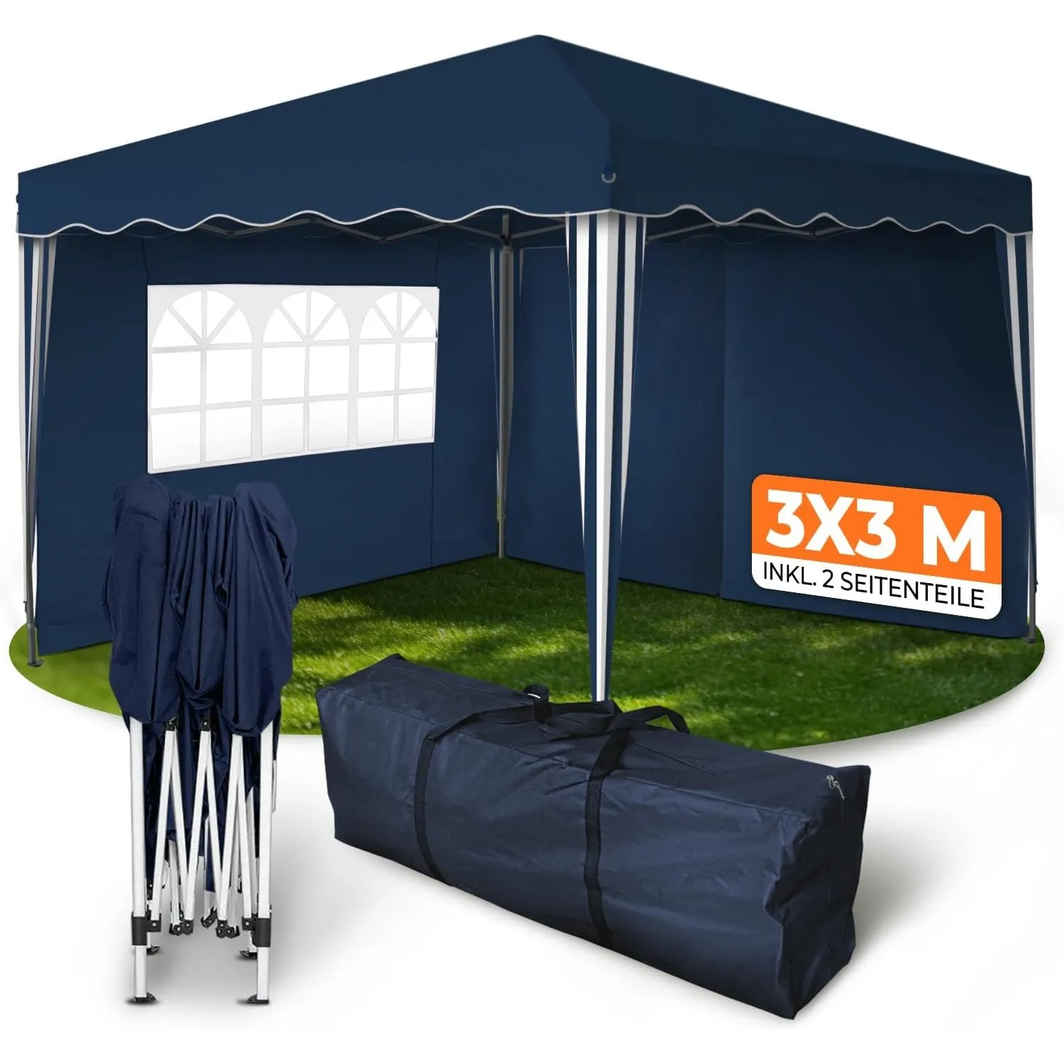 Kronenburg Faltpavillon wasserdicht Dachmaß 3 x 3 m UV Schutz 50+ Pavillon in Blau mit 2 Seitenteilen
