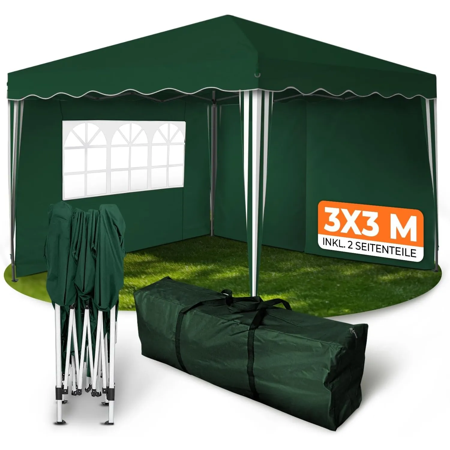 Kronenburg Faltpavillon wasserdicht Dachmaß 3 x 3 m UV Schutz 50+ Pavillon in Grün mit 2 Seitenteilen