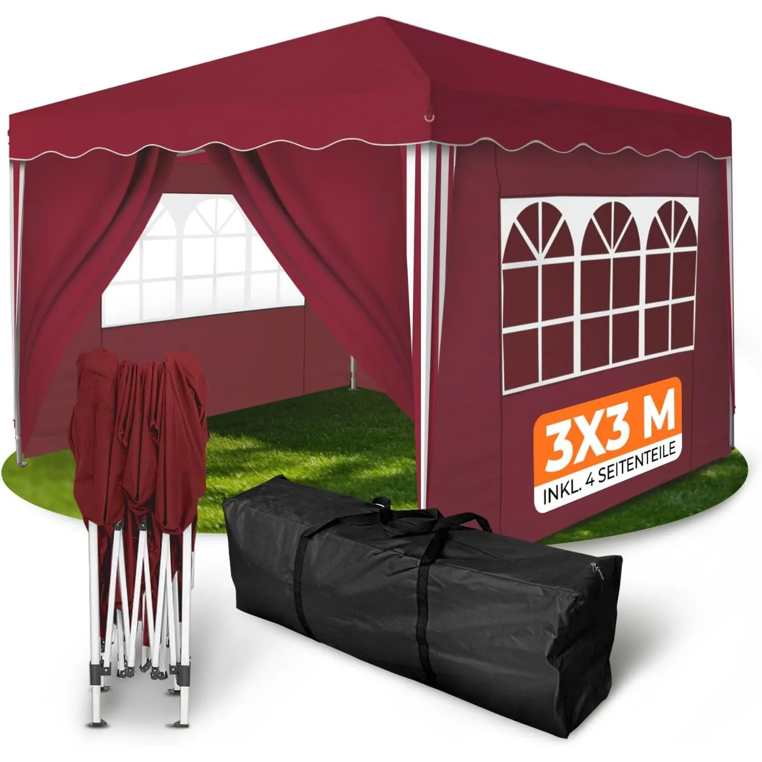 Kronenburg Faltpavillon wasserdicht Dachmaß 3 x 3 m UV Schutz 50+ Pavillon in Rot mit 4 Seitenteilen