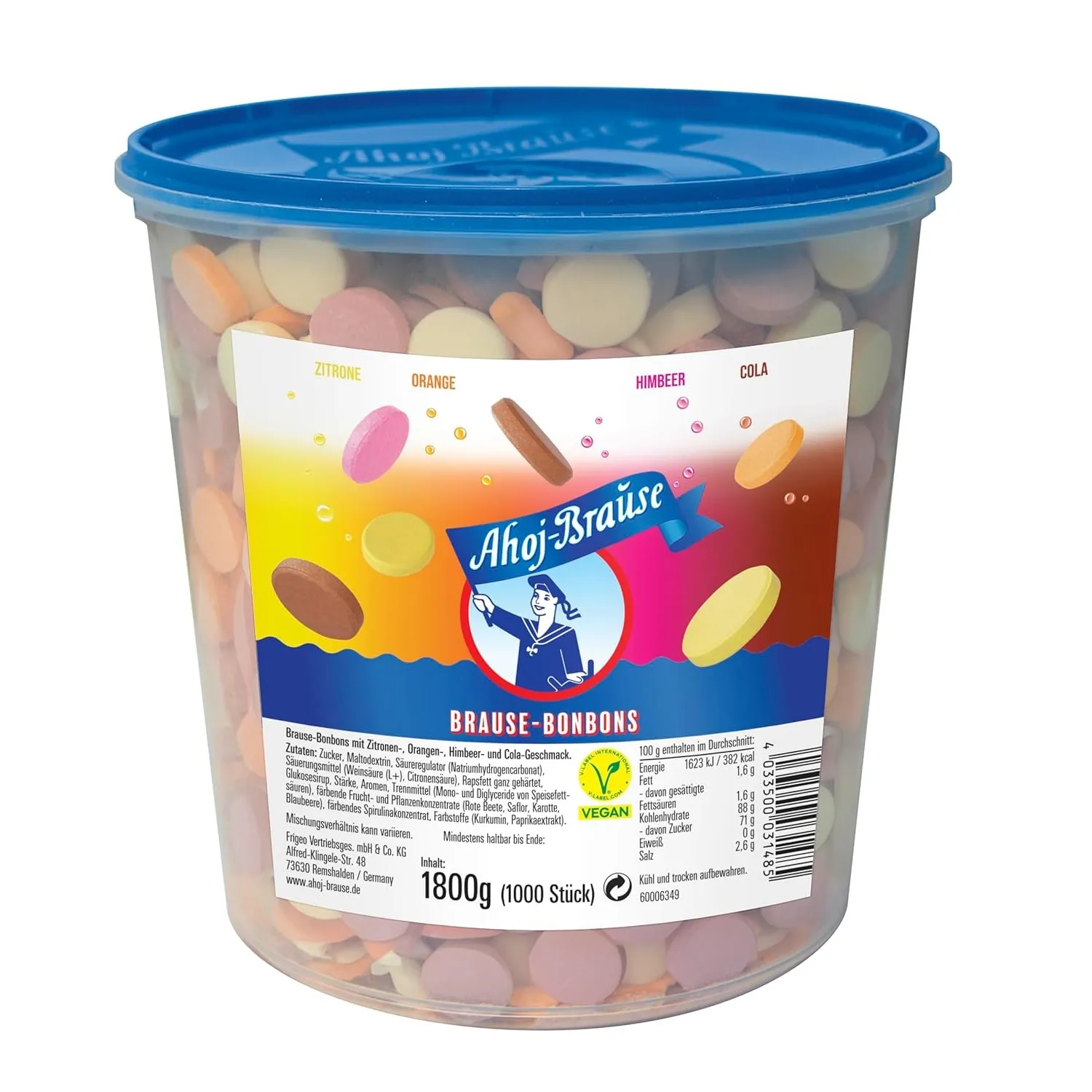 Frigeo Ahoj-Brause, Die Klassiker: runde Bonbons in den vier Geschmacksrichtungen Zitrone, Orange, Himbeere und Cola, 1…