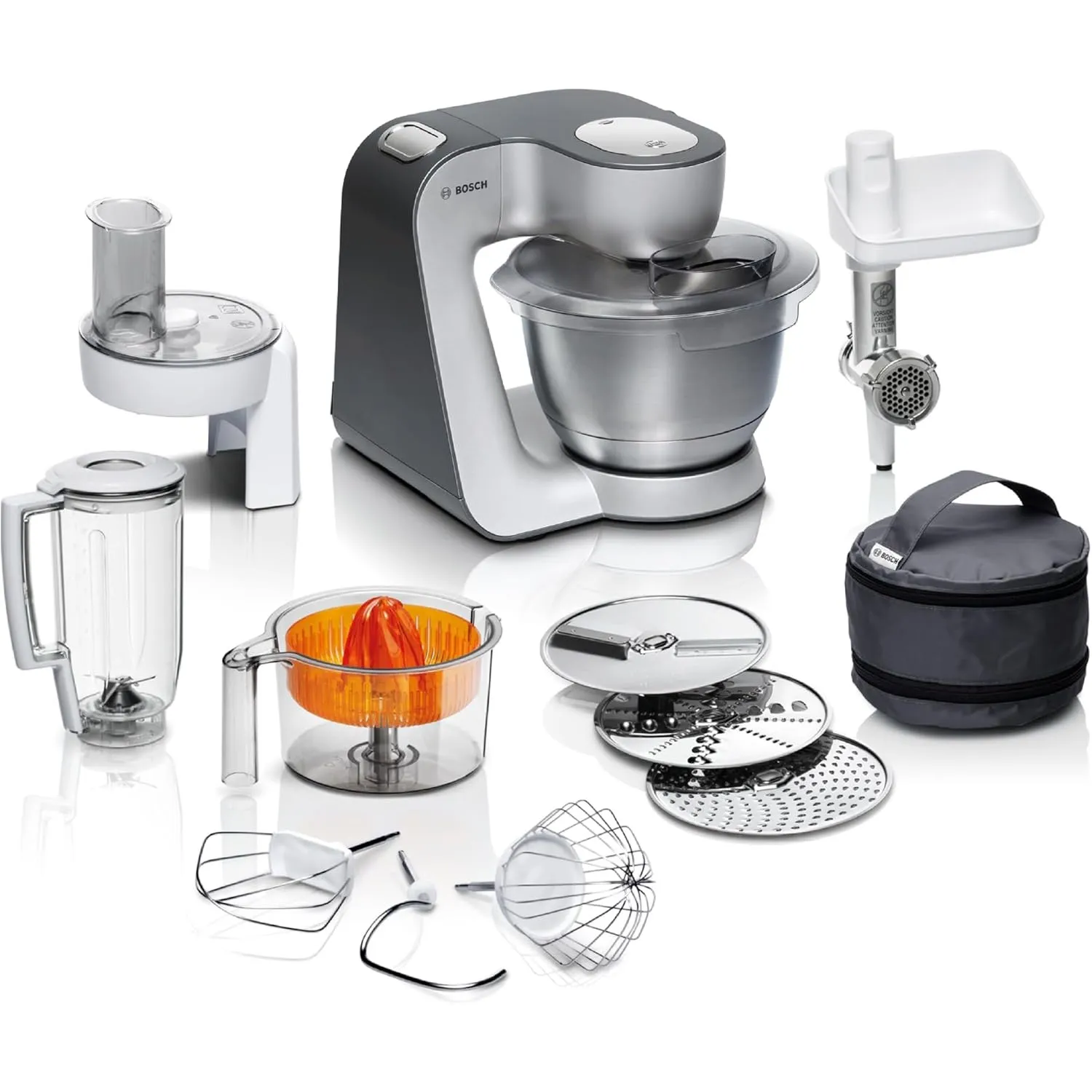 Bosch Küchenmaschine Serie 4, Schüssel 3,9 L spülmaschinenfest, Mixer 1,25 L, Fleischwolf, Zitruspresse, Knethaken, Rüh…