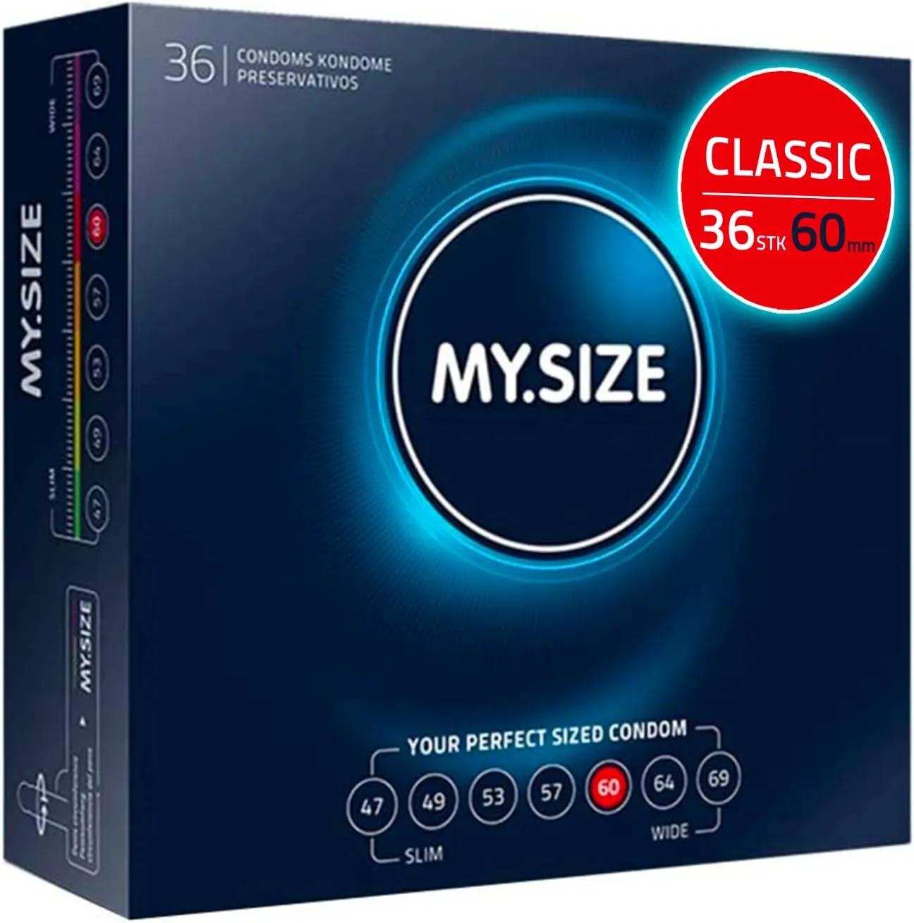 MY.SIZE Classic Kondome Größe 5 | 60 mm Breite | 36 Stück Großpackung | extra dünn gefühlsecht hauchzart | dünne 0,07 m…