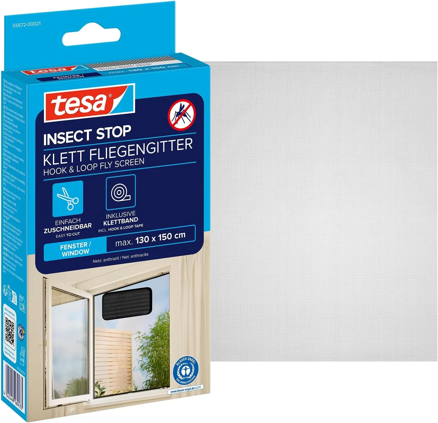 tesa Insect Stop Klett Fliegengitter für Fenster - Insektenschutz mit Klettband, zuschneidbar - Mückenschutz ohne Bohre…