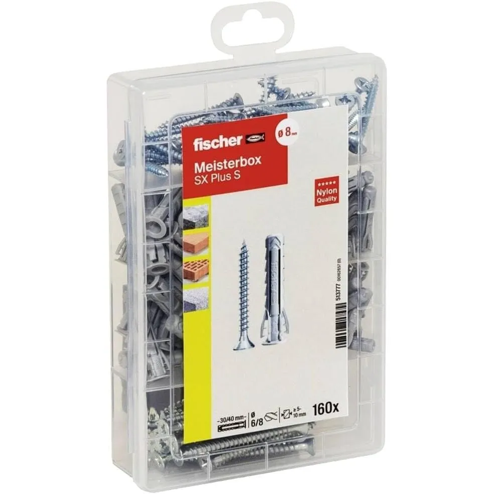 fischer Meister-Box Wohnraum, 160-teiliges Dübel- und Schraubenset, 6-8 mm Durchmesser, 30-40 mm Länge, für Heimwerker …