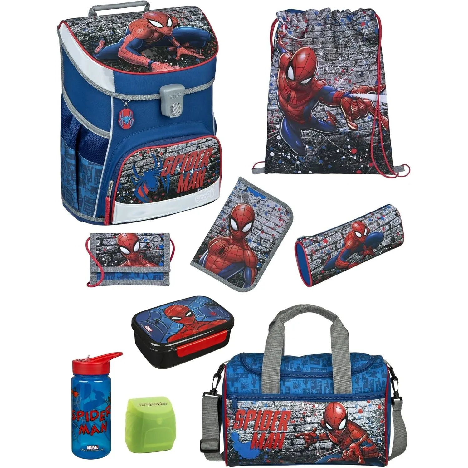 Familando - Scooli Campus Fit Schulranzen Set mit Spiderman - 9-teilig mit Sporttasche - Ergonomisch, Stabil & 980g lei…