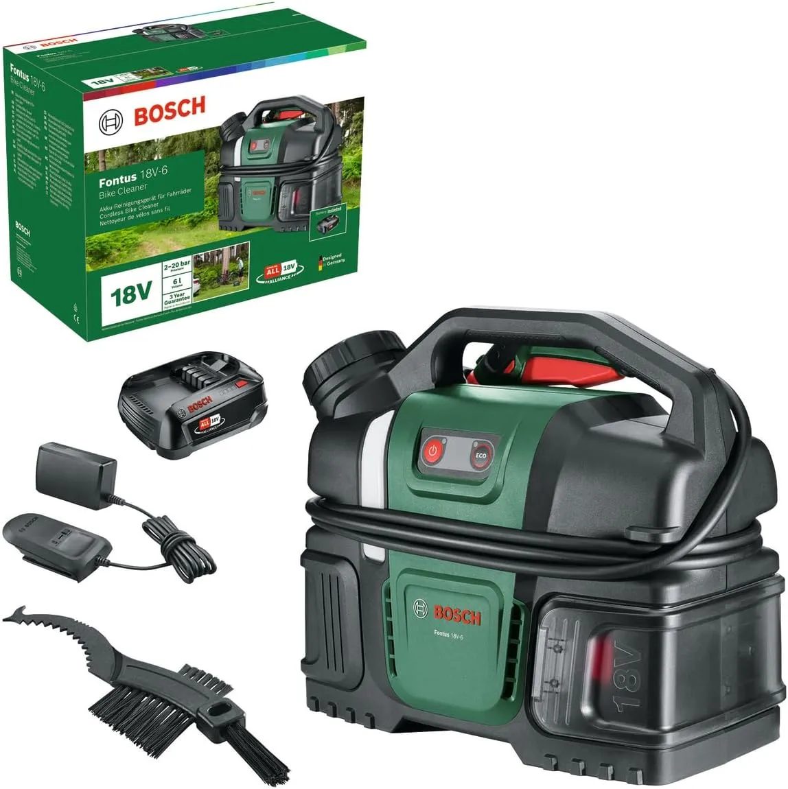 Bosch Akku-Druckreiniger Fontus 18V-6 für Fahrräder (mobil, mini, 6-Liter-Wassertank, 8 Druckstufen, Aufbewahrung für S…