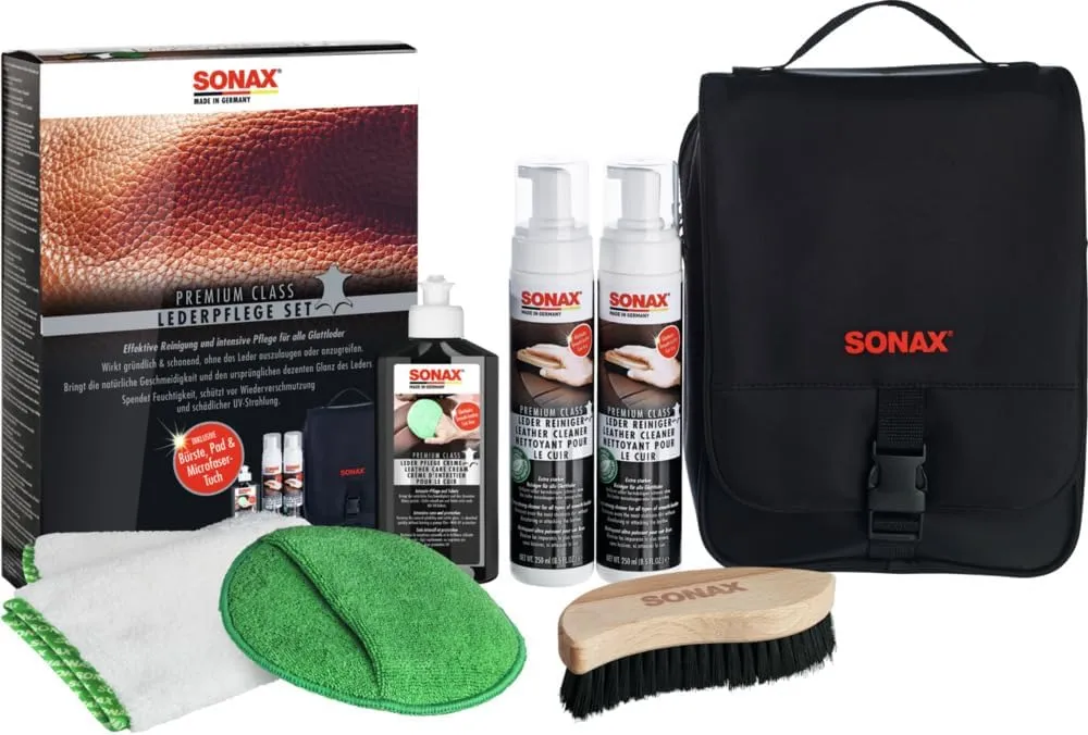 SONAX PREMIUM CLASS LederPflegeSet (3x 250 ml) inkl. 2x LederReiniger, 1x LederPflegeCreme, 1x MicrofaserTuch, 1x Micro…