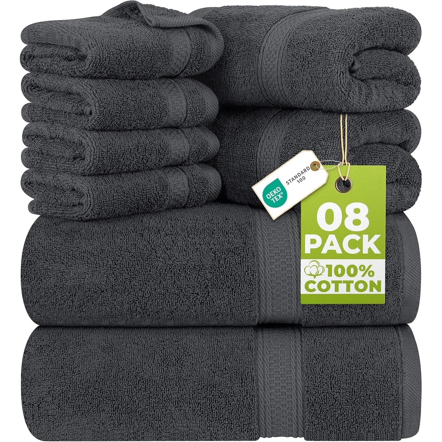 Utopia Towels 8 teilig Handtücher Set aus Baumwolle, Grau | mit Aufhänger, 2 Badetuch, 2 Handtücher, 4 Washclappen
