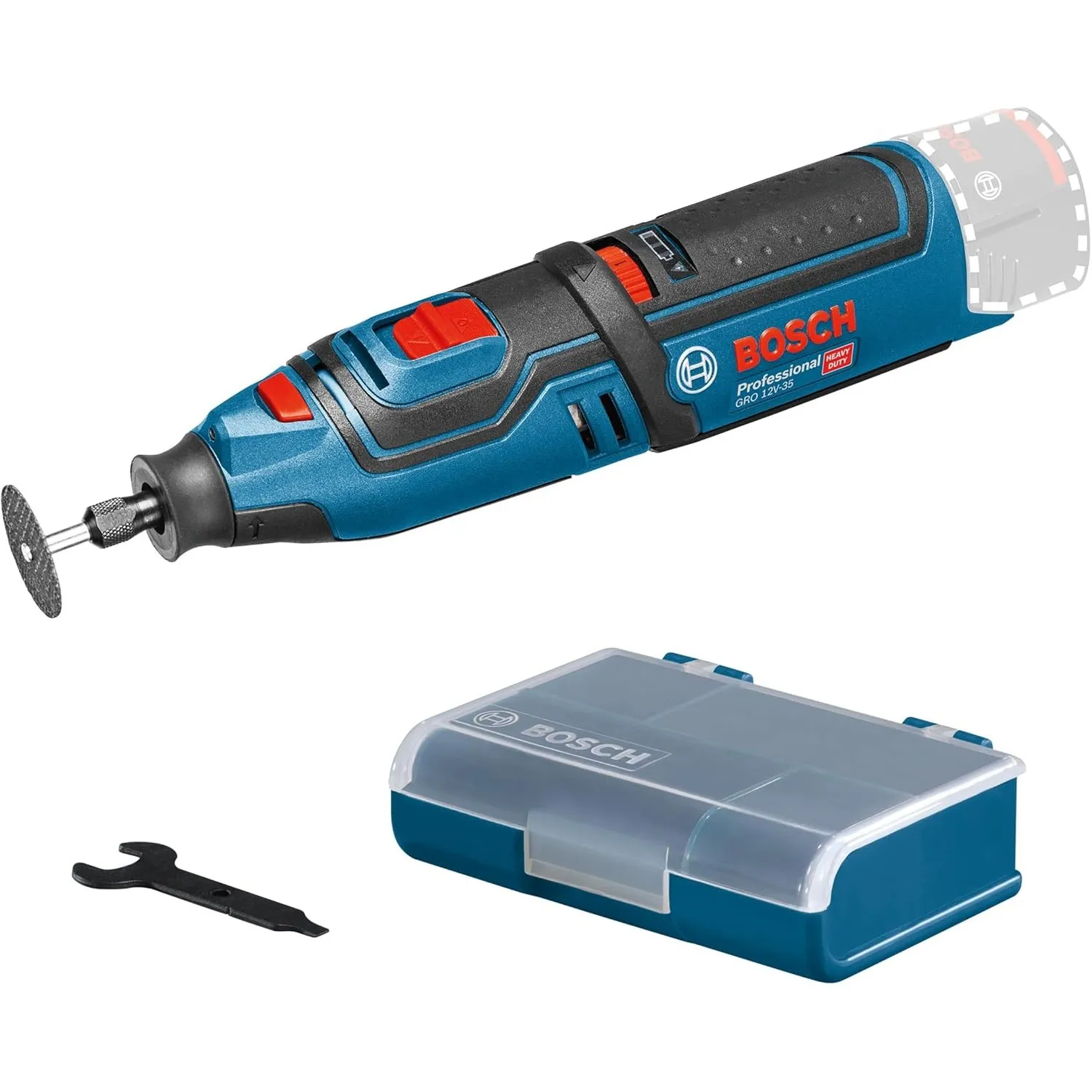 Bosch Professional 12V System Akku Rotationswerkzeug GRO 12V-35 (inkl. Schlüssel, Spannzange, Trennscheibe, Zubehör Box…