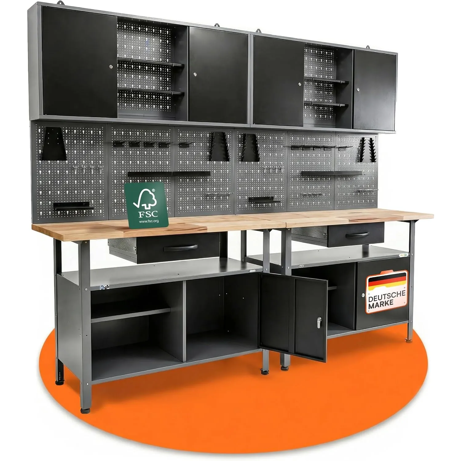 Ondis24 Werkstatteinrichtung Werkstatt Set Werkbank Klaus 240 cm Hängeschrank (Arbeitshöhe 85 cm, Schwarz)