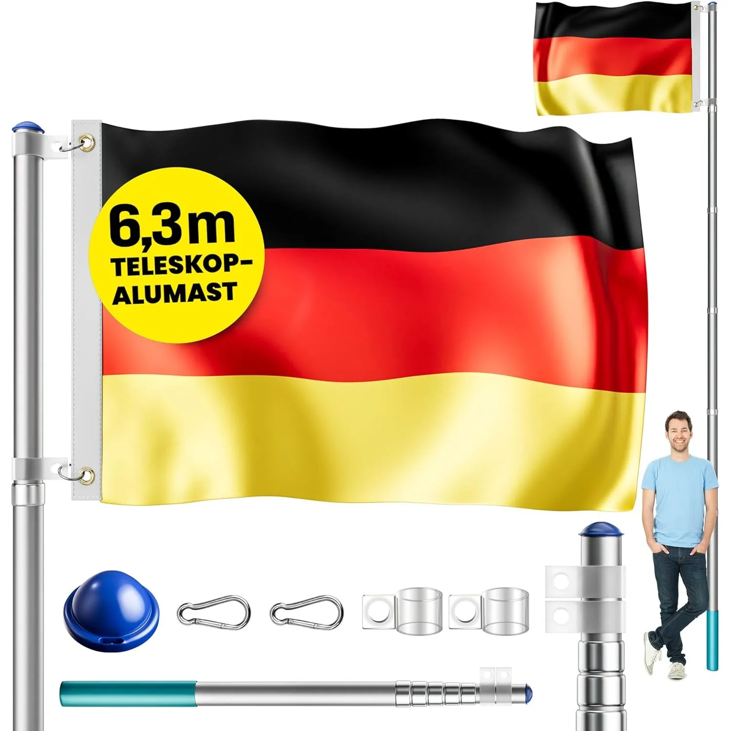 MONZANA® Aluminium Teleskop Fahnenmast 6,30m Bodenhülse 60cm inkl. Deutschland Flagge Deutschlandfahne Fahne Flaggenmas…