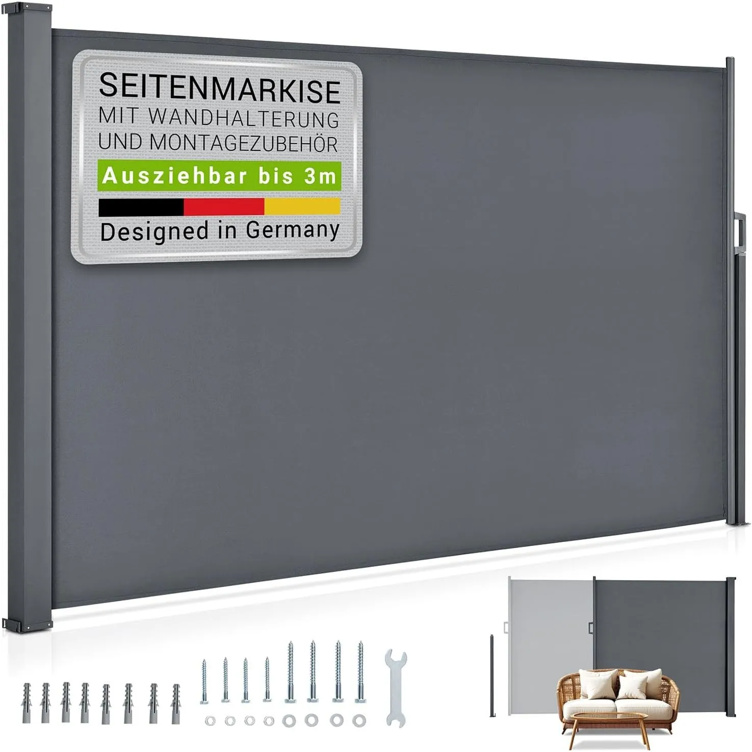 Juskys® Seitenmarkise Dubai 180 x 300 cm ausziehbar Blickdicht, Sichtschutz für Balkon & Terrasse, Seitenrollo mit Wand…