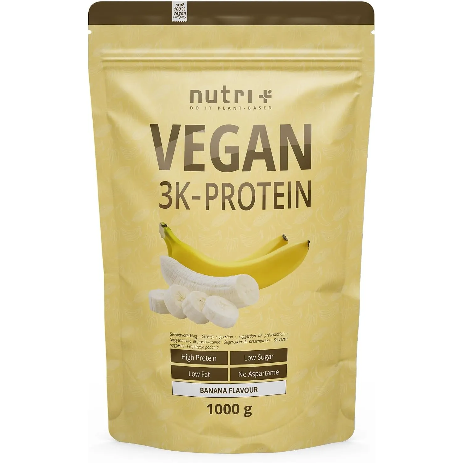 Nutri + Protein Pulver Vegan Banane 1kg - 84,1% pflanzliches Eiweiß - 3k Proteinpulver - Veganes Eiweißpulver ohne Lakt…