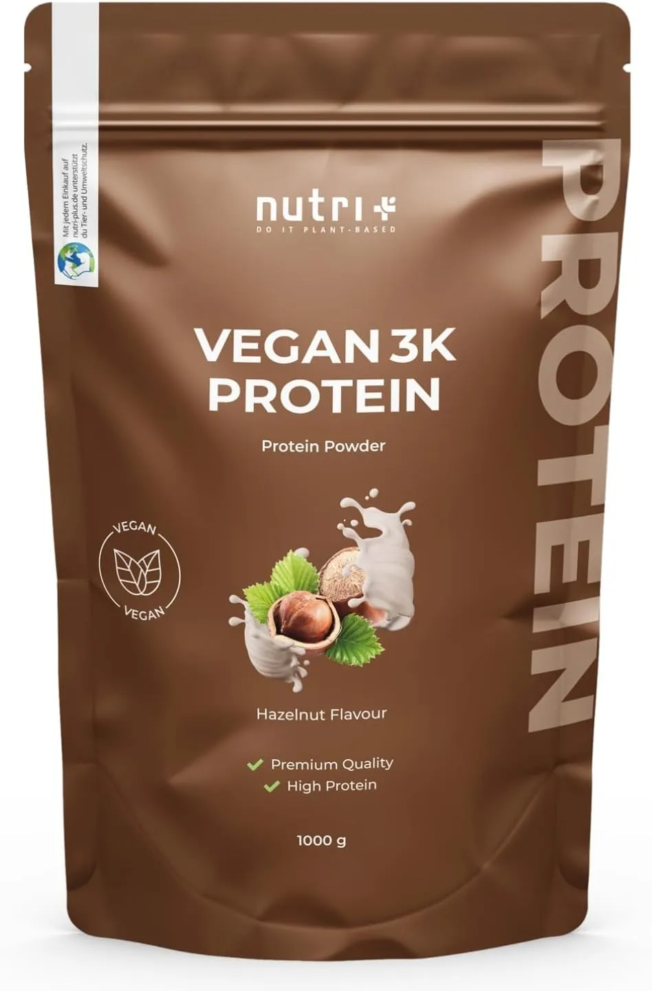 Nutri + 3K Protein Powder, Vegan, Hazelnut Flavour, 1 kg, 83% Protein, without Gluten, Sugar or Whey