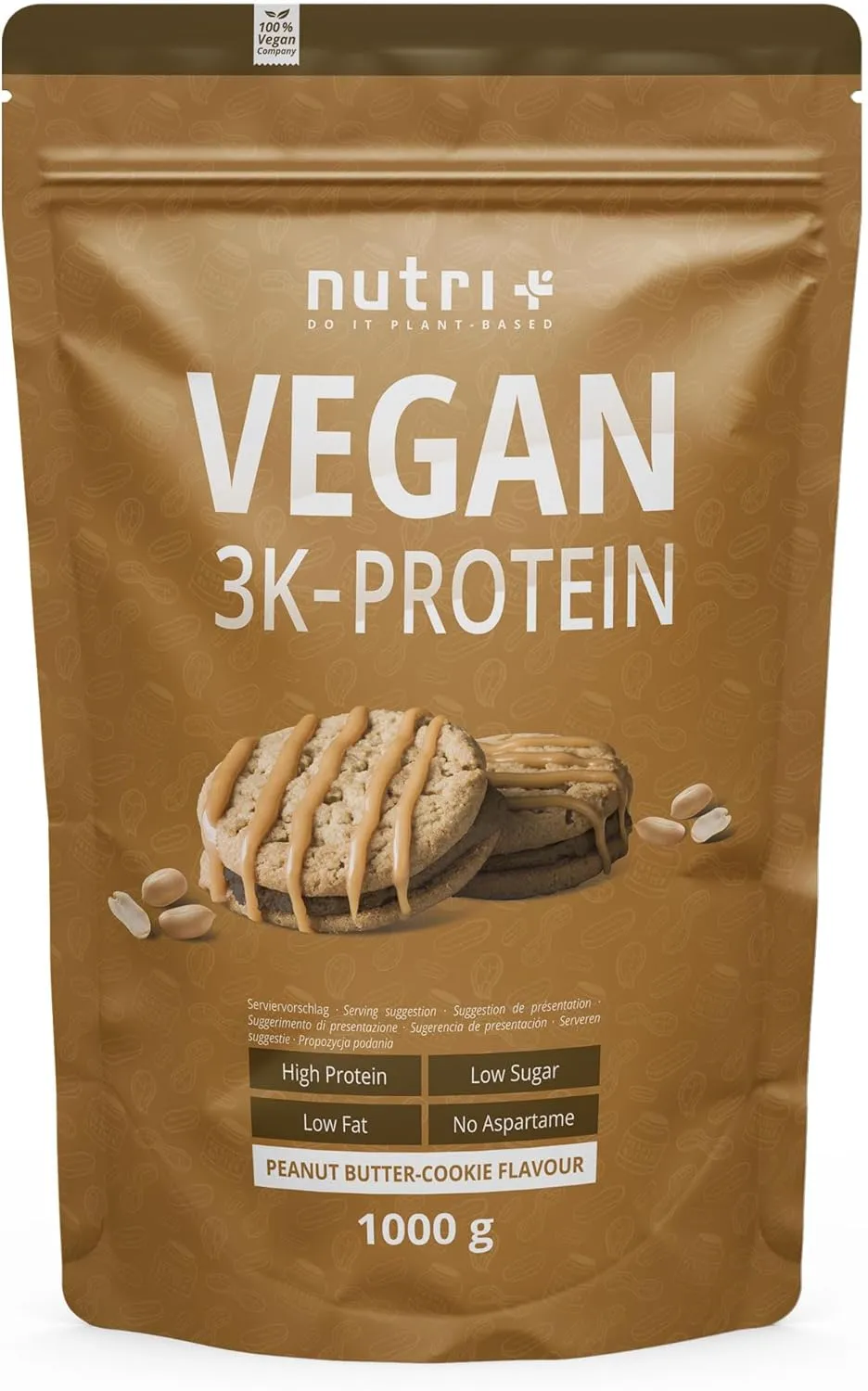 Nutri + 3K Vegan Protein Powder, Peanut Butter Cookie Flavour, 1 kg, 79.1% Protein, without Milk or Lactose, 1000 g