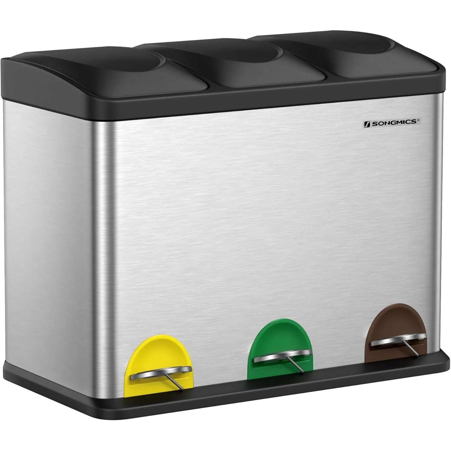 SONGMICS Mülleimer Küche, Mülltrennsystem 3 Fächer, Abfalleimer, 45 Liter Treteimer aus Metall, 3 x 15 Liter, Tretmülle…