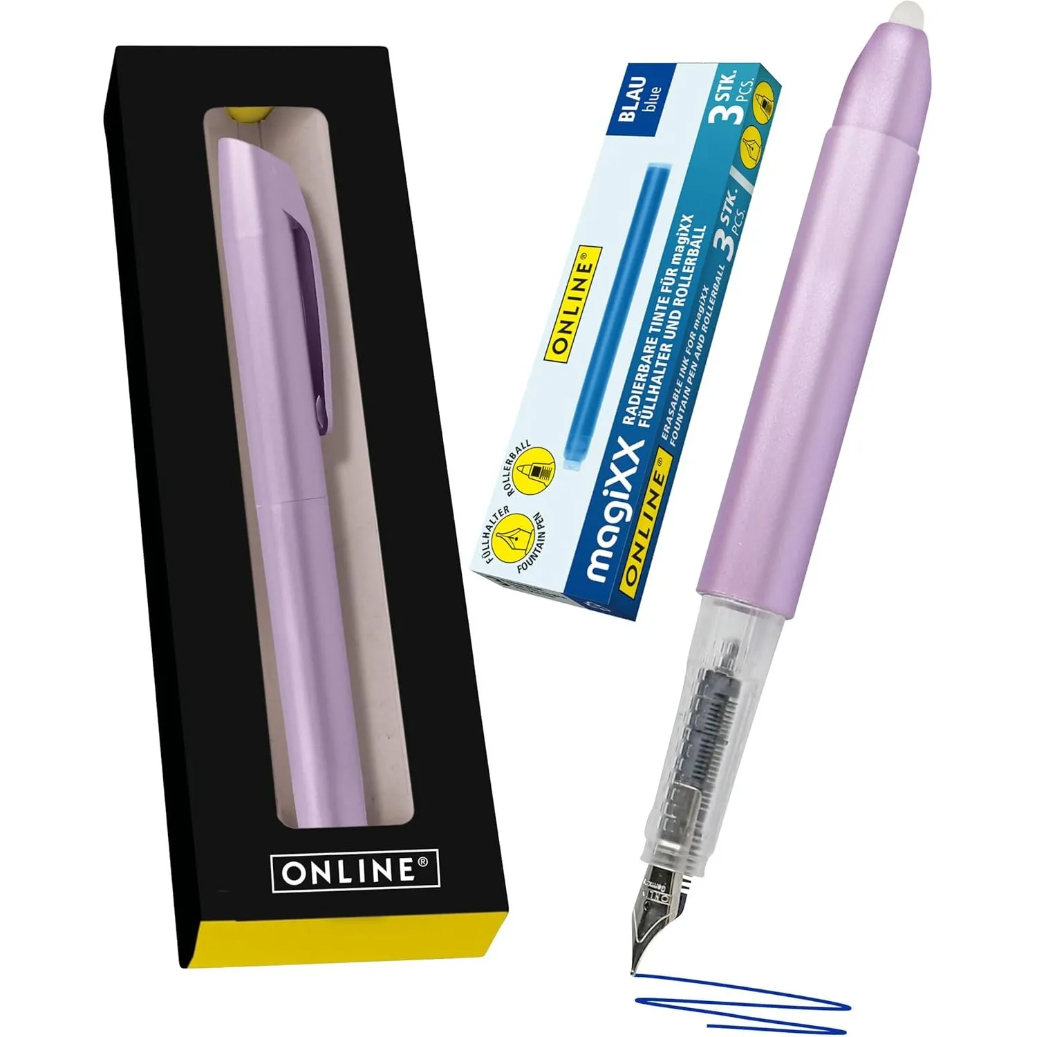 Online Füllhalter magiXX Metallic Lilac I Füller mit radierbarer, blauer Tinte I inkl. 4 magiXX Patronen I Schreiben, r…