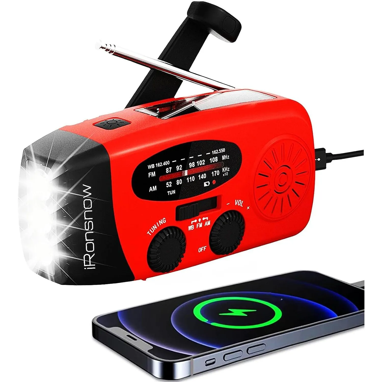 iRonsnow Notfall-Solarradio, Tragbare Kurbelradio mit LED-Taschenlampe