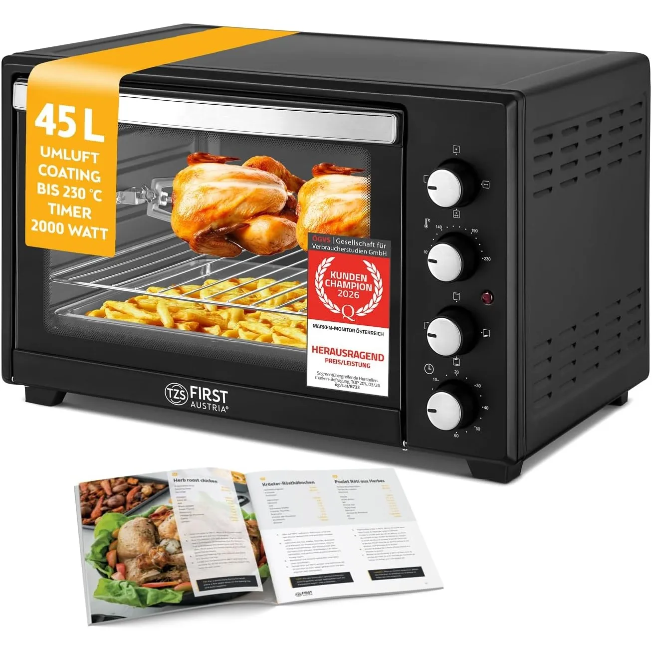 TZS First Austria - Minibackofen 45L 2000W - Mini Backofen Pizzaofen Temperaturregelung bis 230°C & Antihaftbeschichtun…