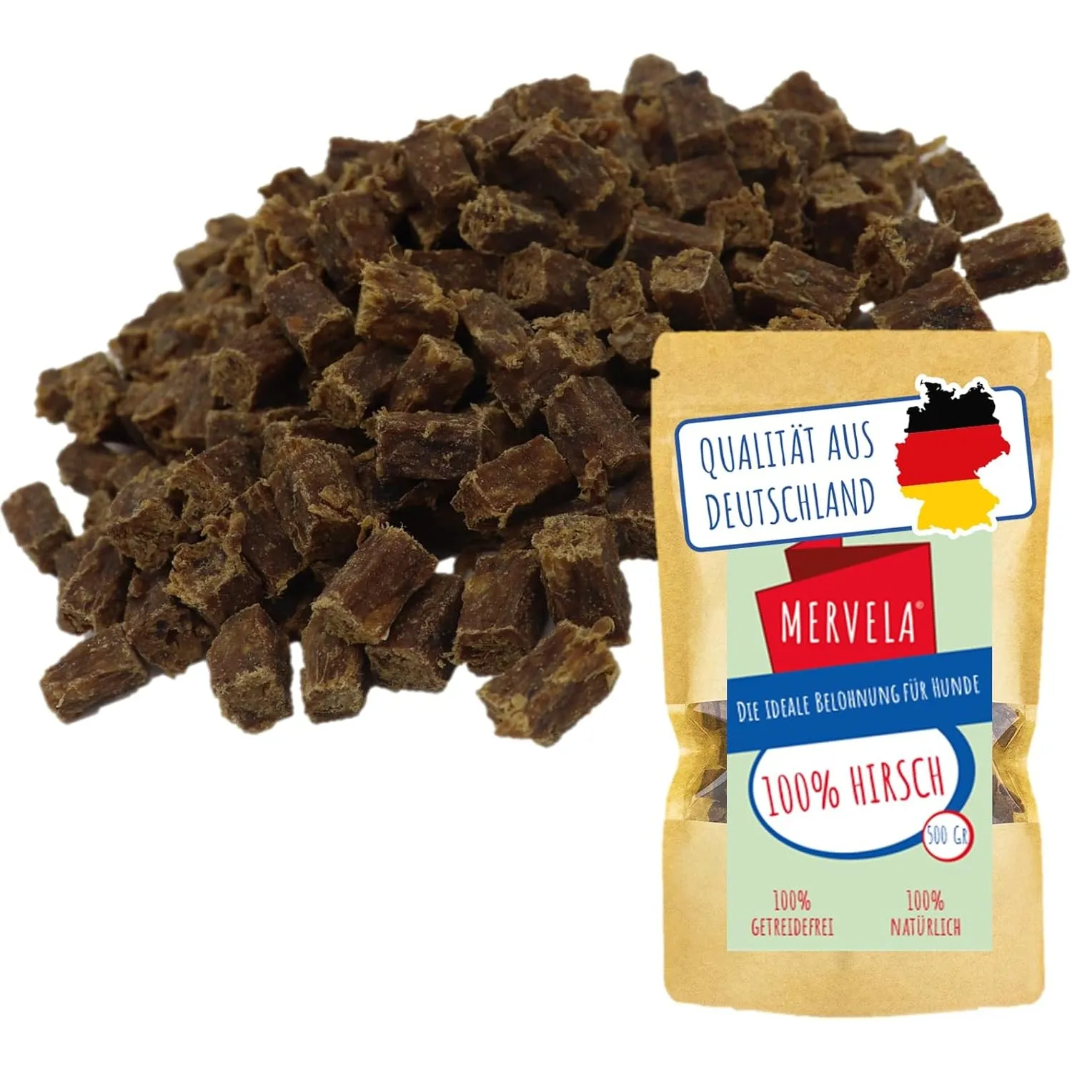 Premium Hirsch Kauwürfel für Hunde, 500g - Ideal als Trainingsleckerli | 100% Natürliches Hirschfleisch | Hypoallergen …