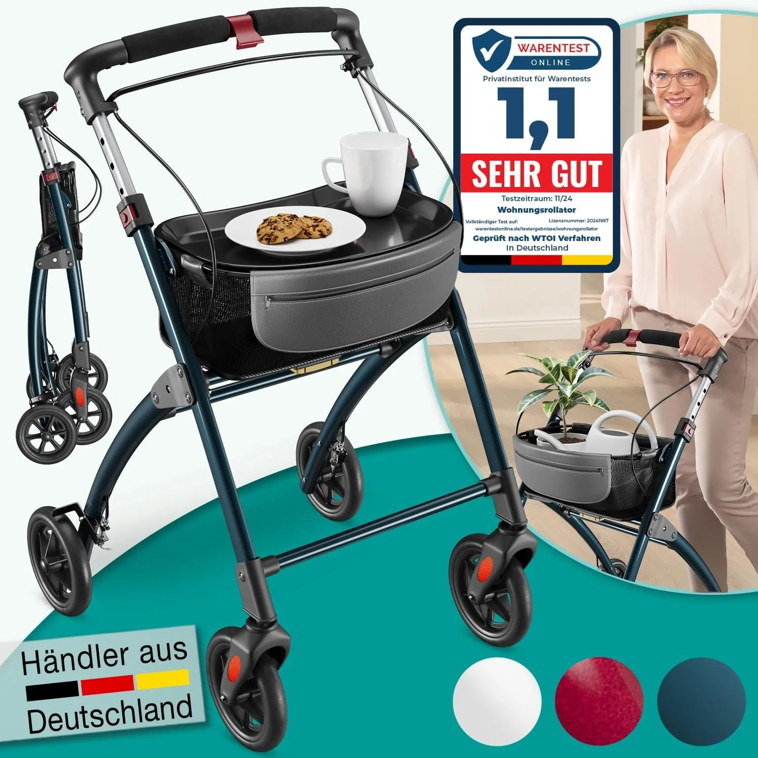 ELONEO Wohnungsrollator 54cm breit, faltbar und leicht, inkl. Tablett & Stoffkorb, Rollator schmal für die Wohnung, Ind…