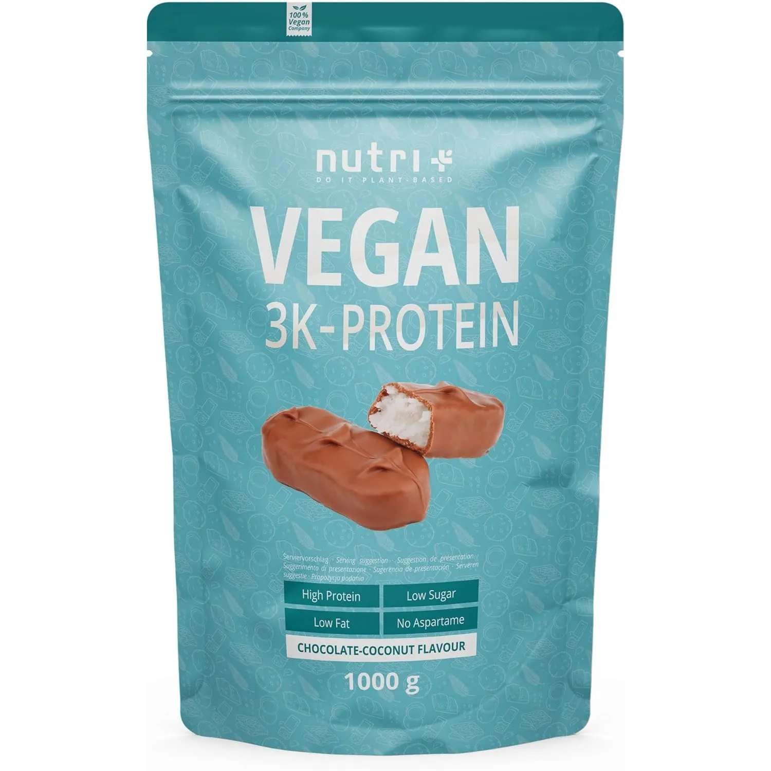 Nutri + Proteinpulver Vegan Schoko Kokos 1 kg - 3k Eiweißshake - Veganes Eiweißpulver - Schokolade Kokosnuss Protein Ch…