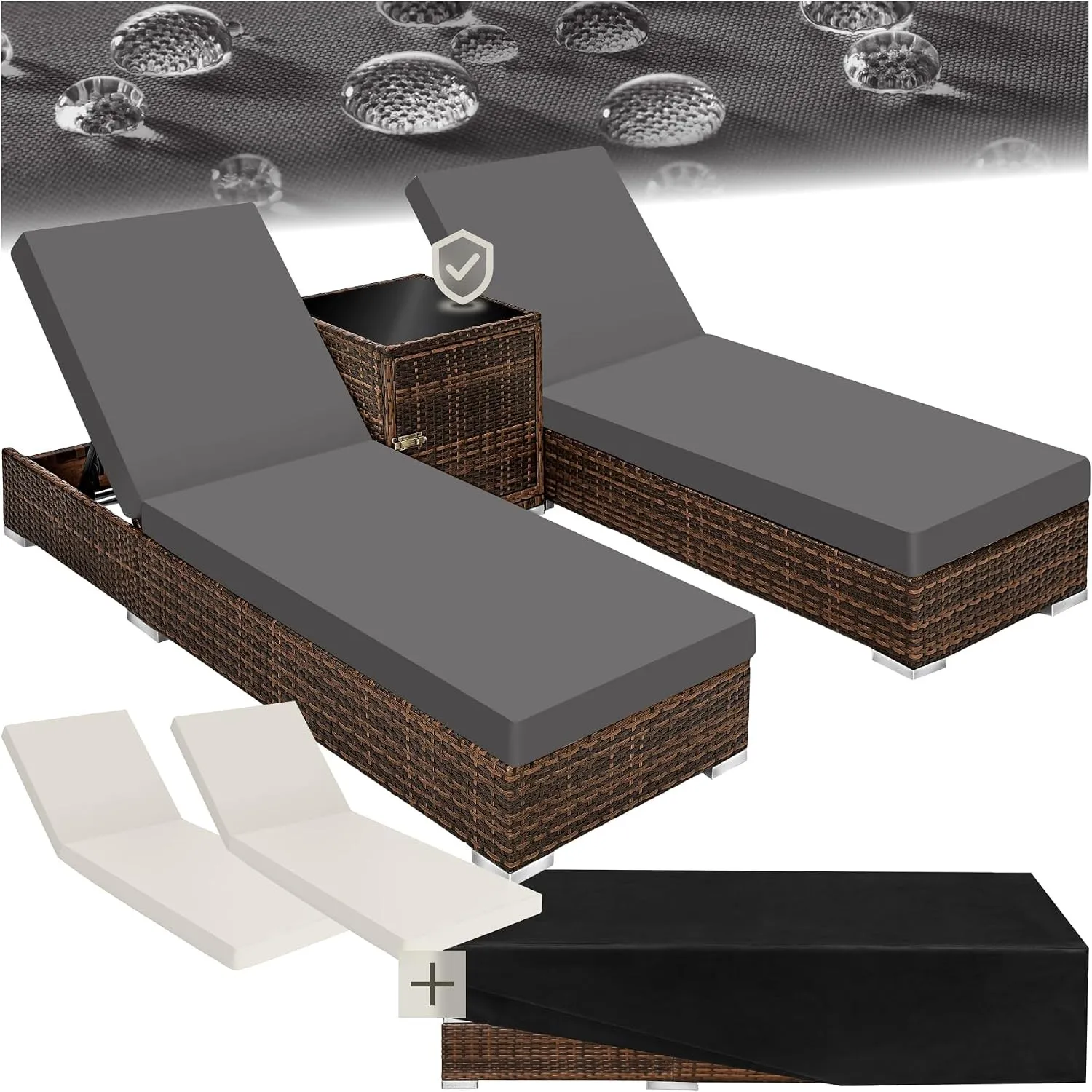 tectake® 2er Garten Lounge Sonnenliegen Set mit Tisch, Aluminium Gartenliege, Gartenlounge Outdoor, Relaxliege inkl. 2 …