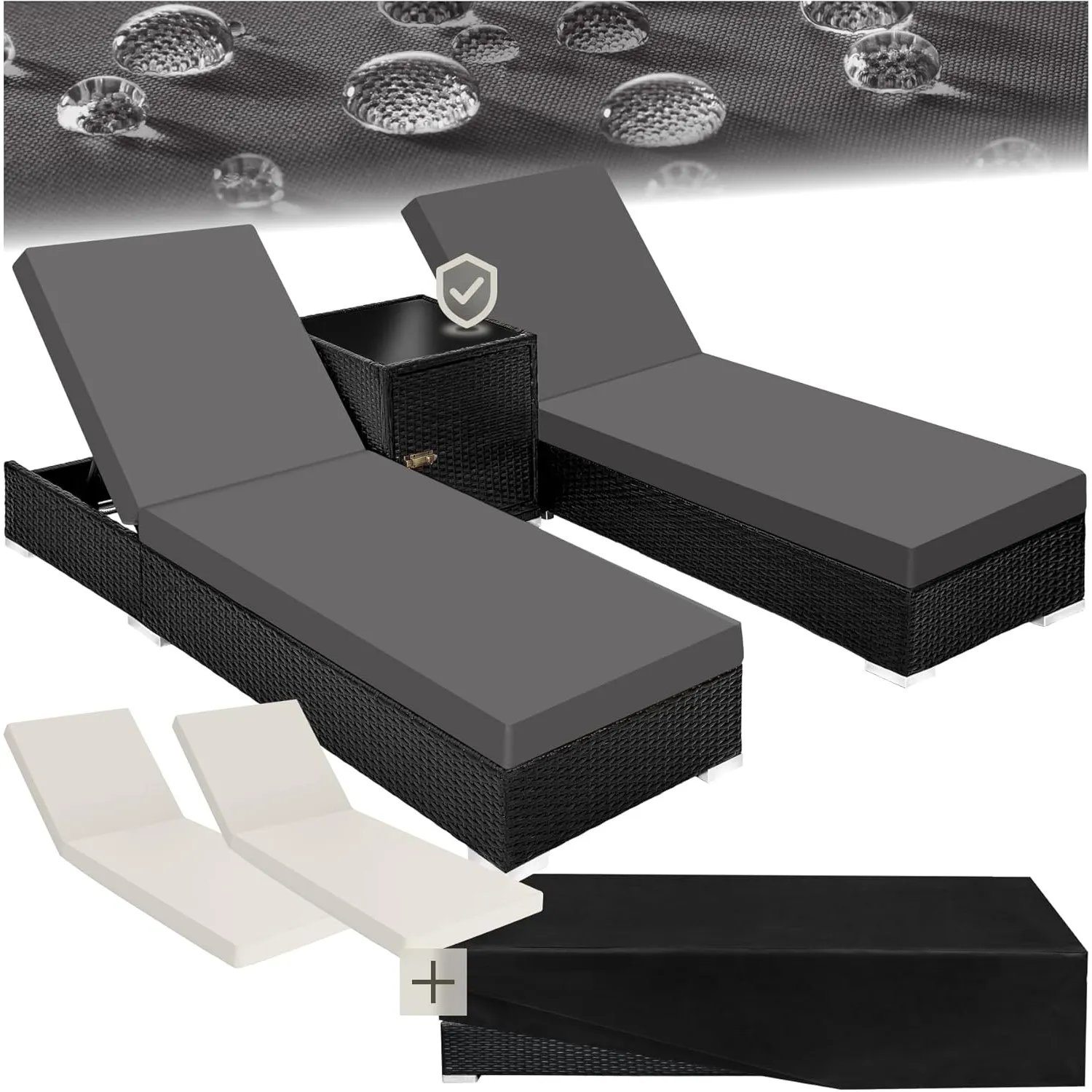 tectake® 2er Garten Lounge Sonnenliegen Set mit Tisch, Aluminium Gartenliege, Gartenlounge Outdoor, Relaxliege inkl. 2 …