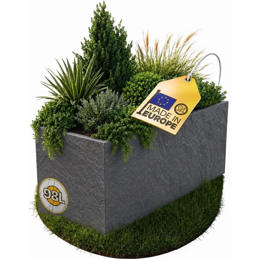 Ondis24 Vulkan Pflanzkübel groß außen Kunststoff 100cm Schiefer Optik Blumentopf mit Wasserspeicher Winterfest anthrazit