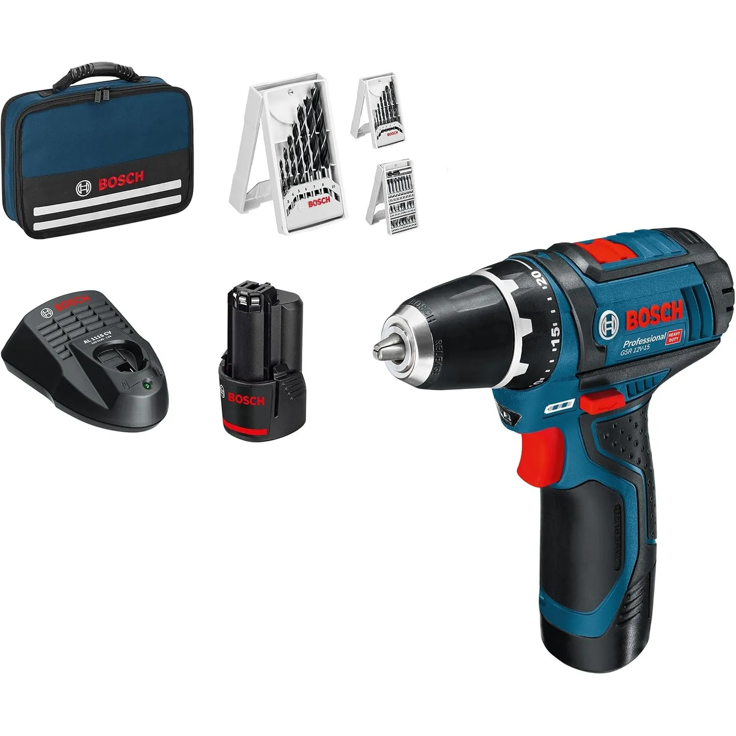 Bosch PRO 12V System Akku Bohrschrauber GSR 12V-15 (inkl. 2x2.0 Akku, Ladegerät, 39tlg.-Zubehör-Set, Werkzeugtasche) - …