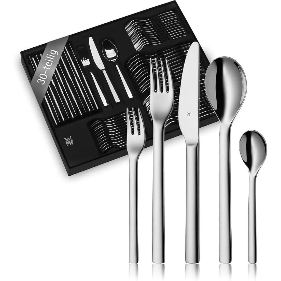 WMF Habitum Edelstahl Besteck Set 6 Personen, Essbesteck Set 30 teilig, Monobloc-Messer, Cromargan Edelstahl poliert, g…
