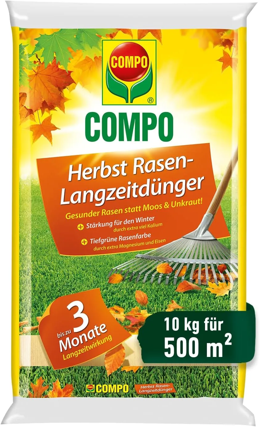 Herbstrasendünger mit Kalium - 10kg für 500m² - Stärkt den Rasen für den Winter - 3 Monate Langzeitwirkung – Gesunder R…