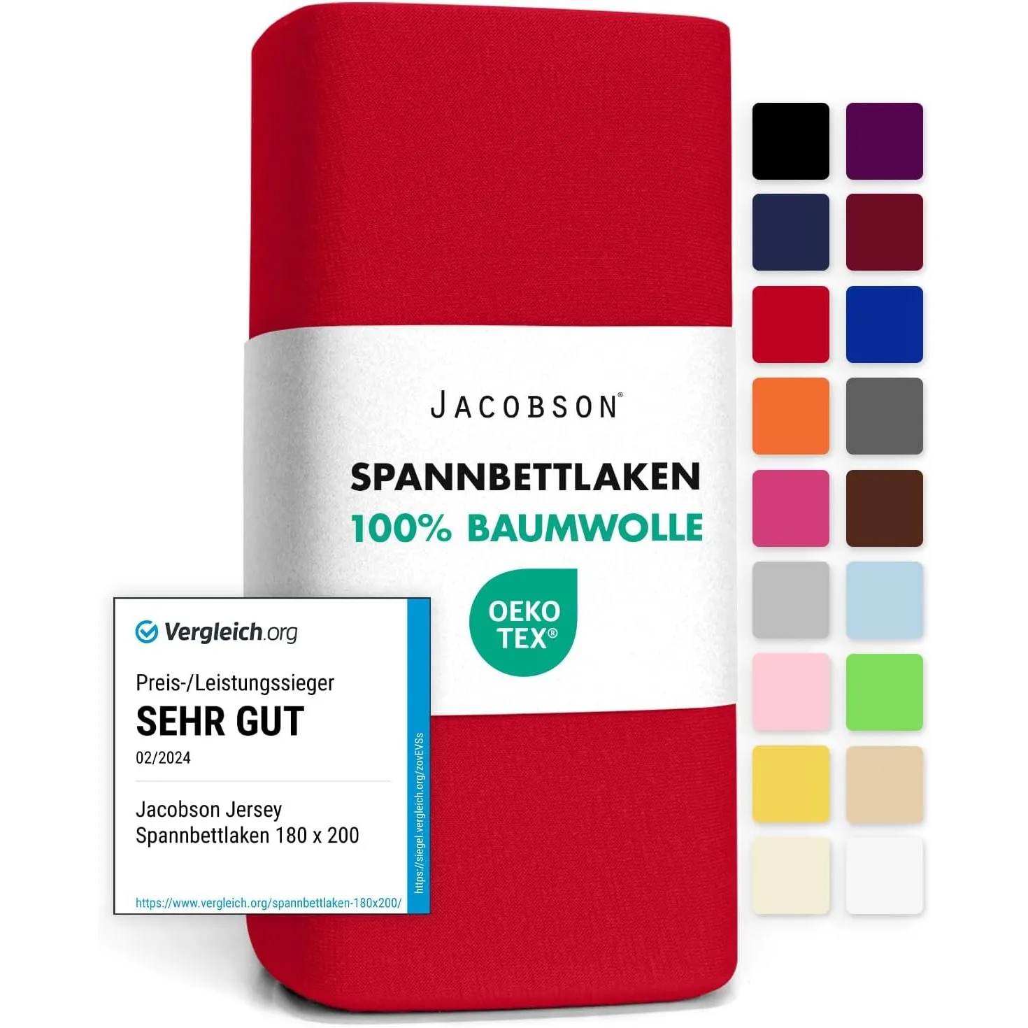 Jacobson Jersey Spannbettlaken Spannbetttuch Baumwolle Bettlaken (140x200-160x200 cm, Rot)