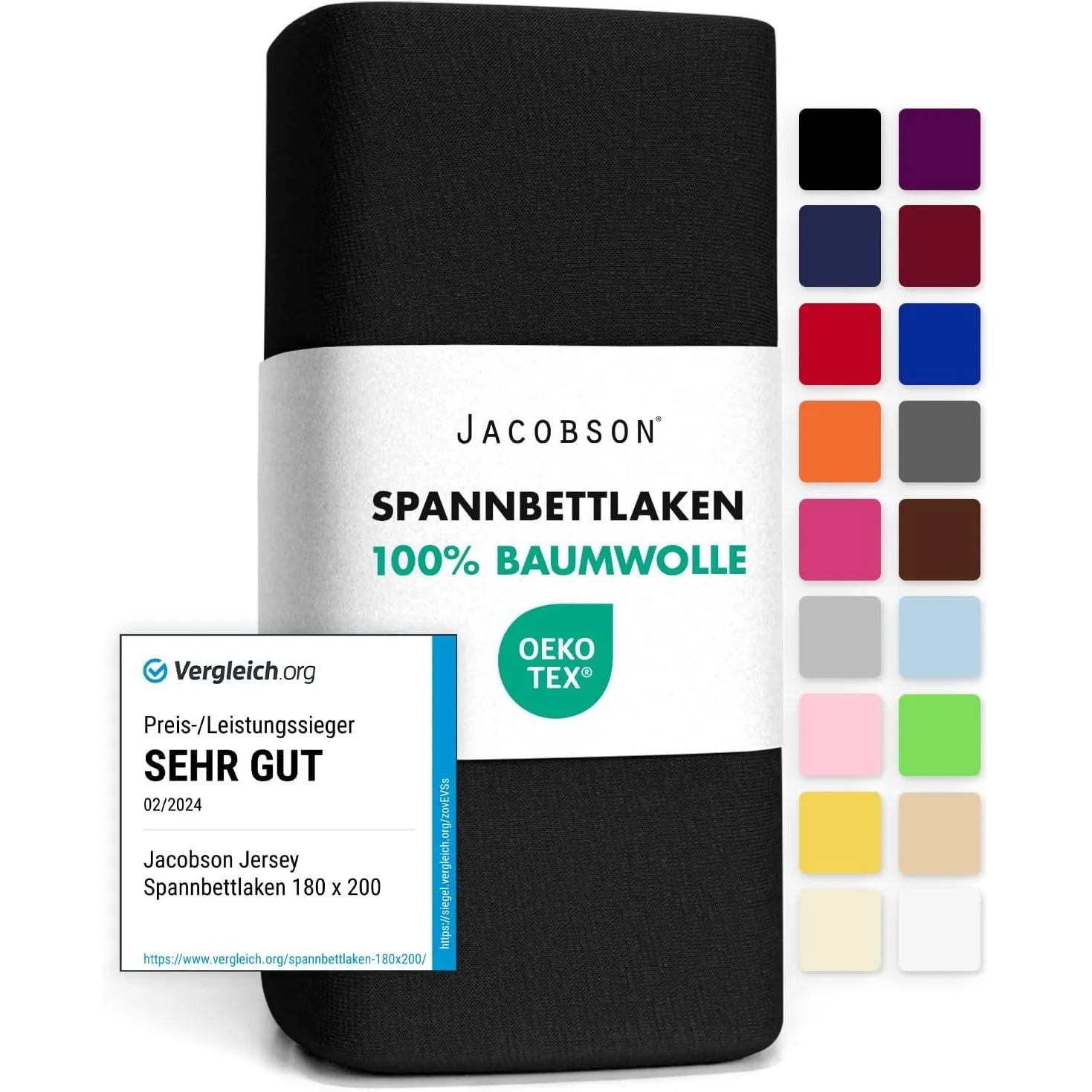 Jacobson Jersey Spannbettlaken Spannbetttuch Baumwolle Bettlaken (180x200-200x200 cm, Schwarz)