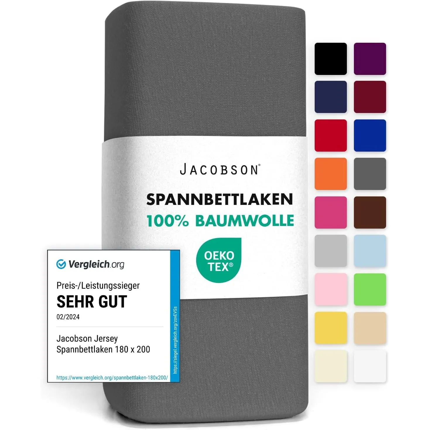 Jacobson Jersey Spannbettlaken Spannbetttuch Baumwolle Bettlaken (180x200-200x200 cm, Anthrazit)