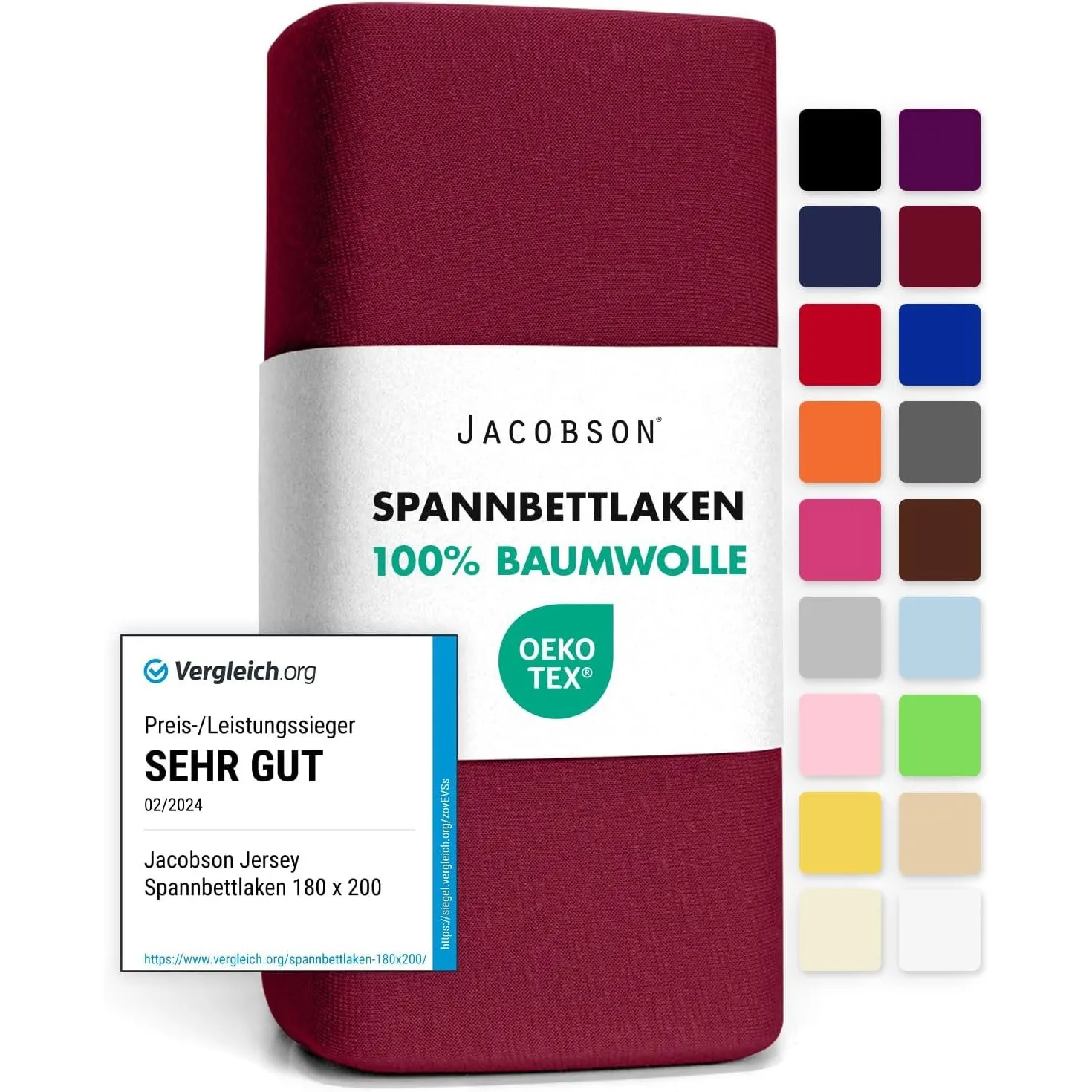 Jacobson Jersey Spannbettlaken Spannbetttuch Baumwolle Bettlaken (90x200-100x200 cm, Bordeaux)