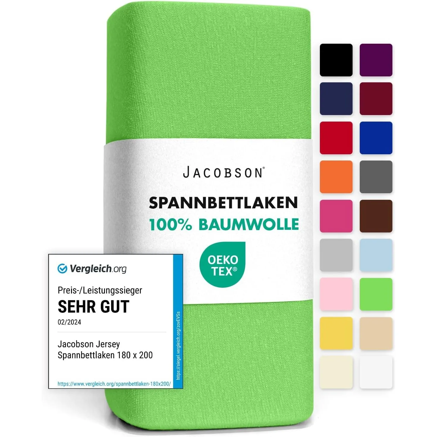 Jacobson Jersey Spannbettlaken Spannbetttuch Baumwolle Bettlaken (90x200-100x200 cm, Apfelgrün)