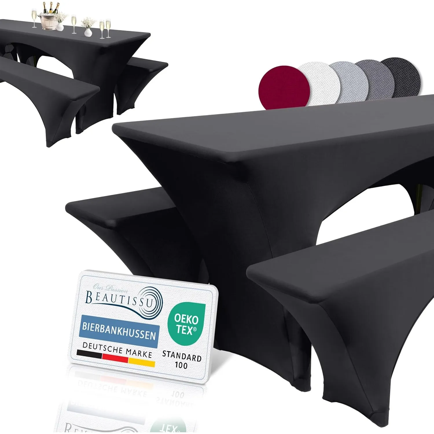 Beautissu Edles Stretchhussen Set 3tlg. Biertischhussen Elastisch | 220x50cm Schwarz festliche Husse Biertisch + 2 Bier…