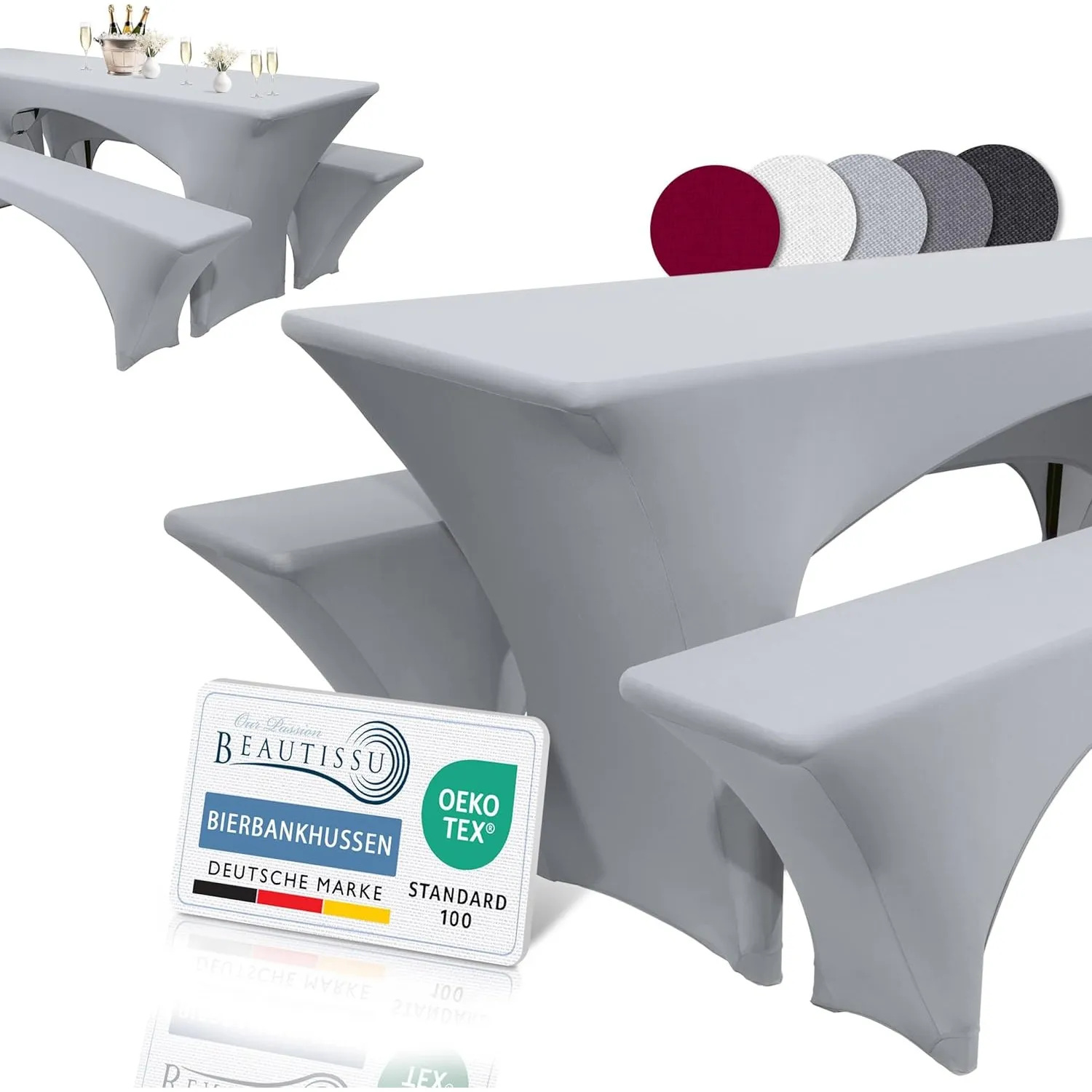 Beautissu Stretchhussen Set 3tlg. für Bierzeltgarnitur mit Biertisch | 220x70cm Grau elastische festliche Hussen für Ed…