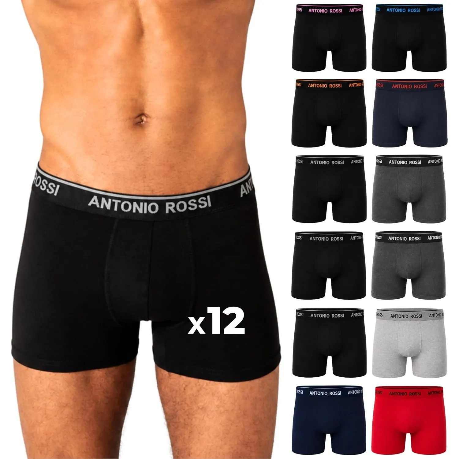 Antonio Rossi 12er-Pack Boxershorts Herren Baumwolle, Stretch-Bund
