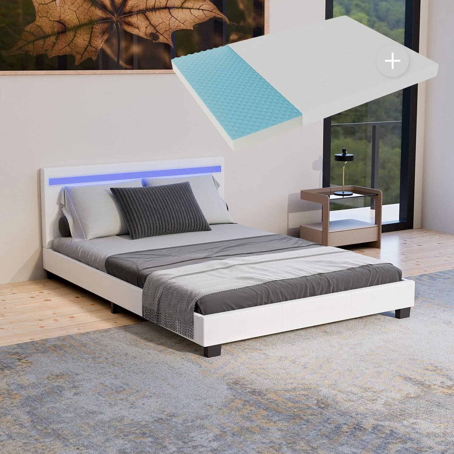 Juskys Polsterbett Paris 140x200 cm mit LED Beleuchtung, Matratze, Lattenrost & Kopfteil - Kunstleder & Holz - weiß - B…