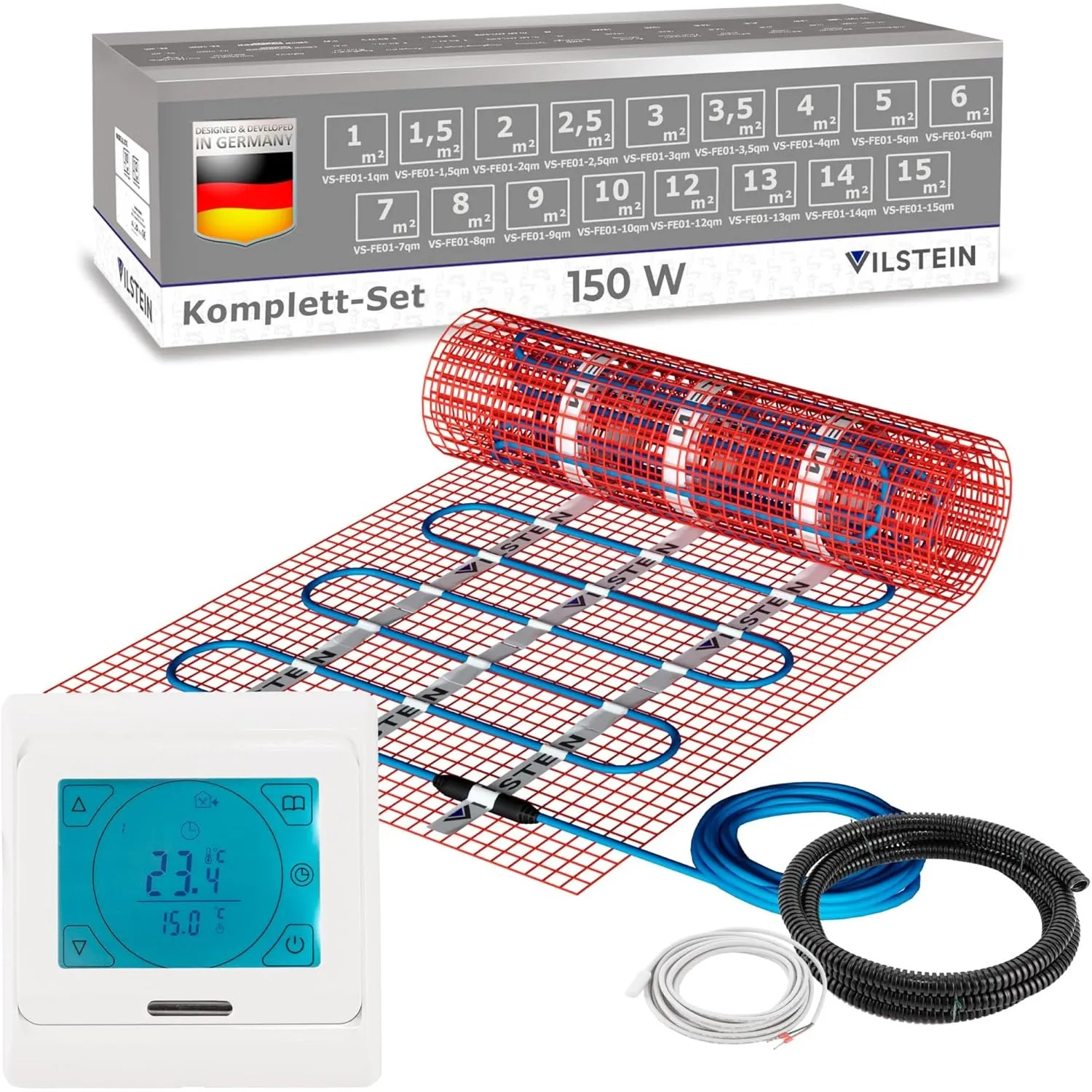 VILSTEIN® Elektrische Fußbodenheizung [150W/m²] - Bodenheizung Elektrisch geeignet für Laminat, Fliesen & mehr - Elektr…