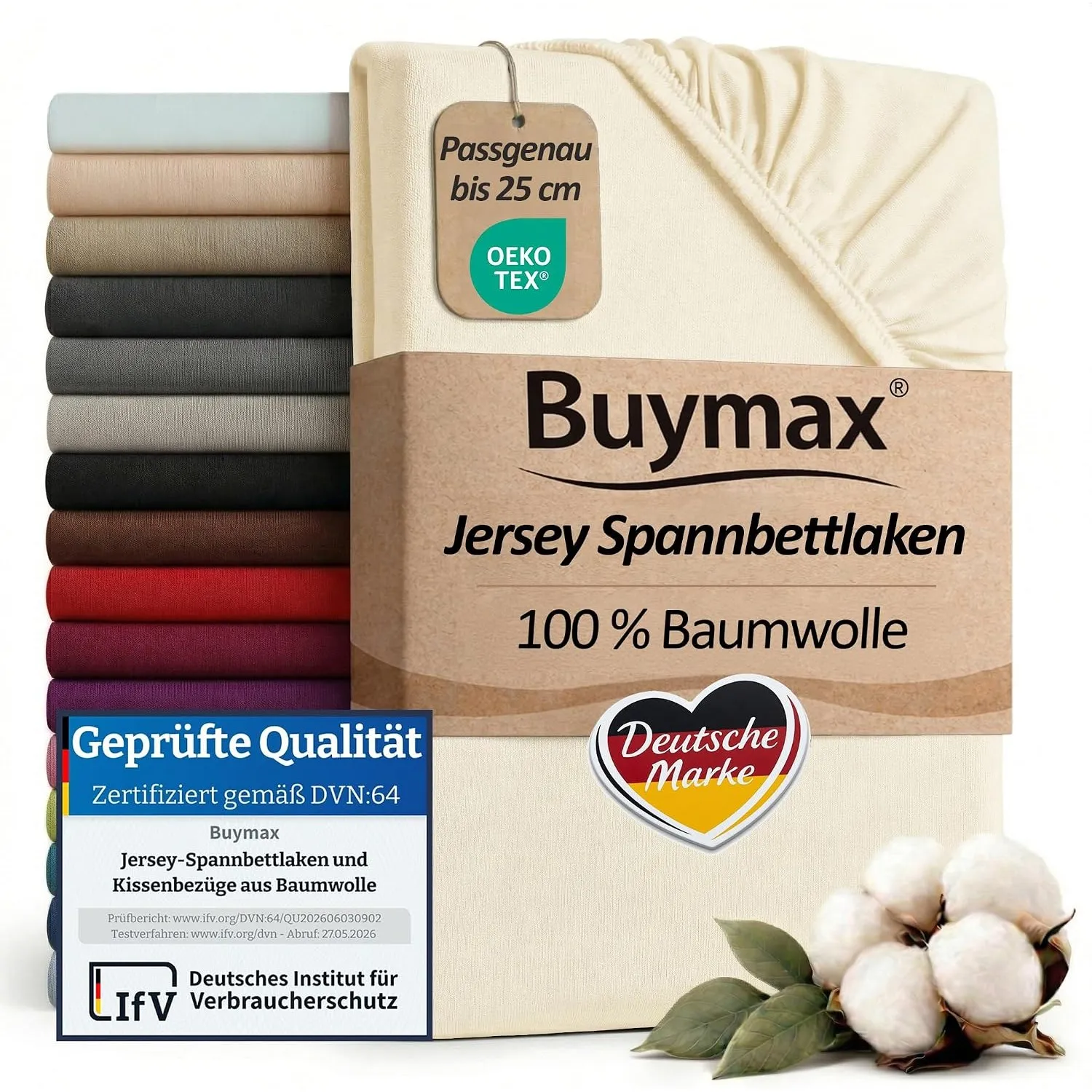 Buymax Spannbettlaken 100x200cm Baumwolle 100% Spannbetttuch Bettlaken Jersey, Matratzenhöhe bis 25 cm, Farbe Beige