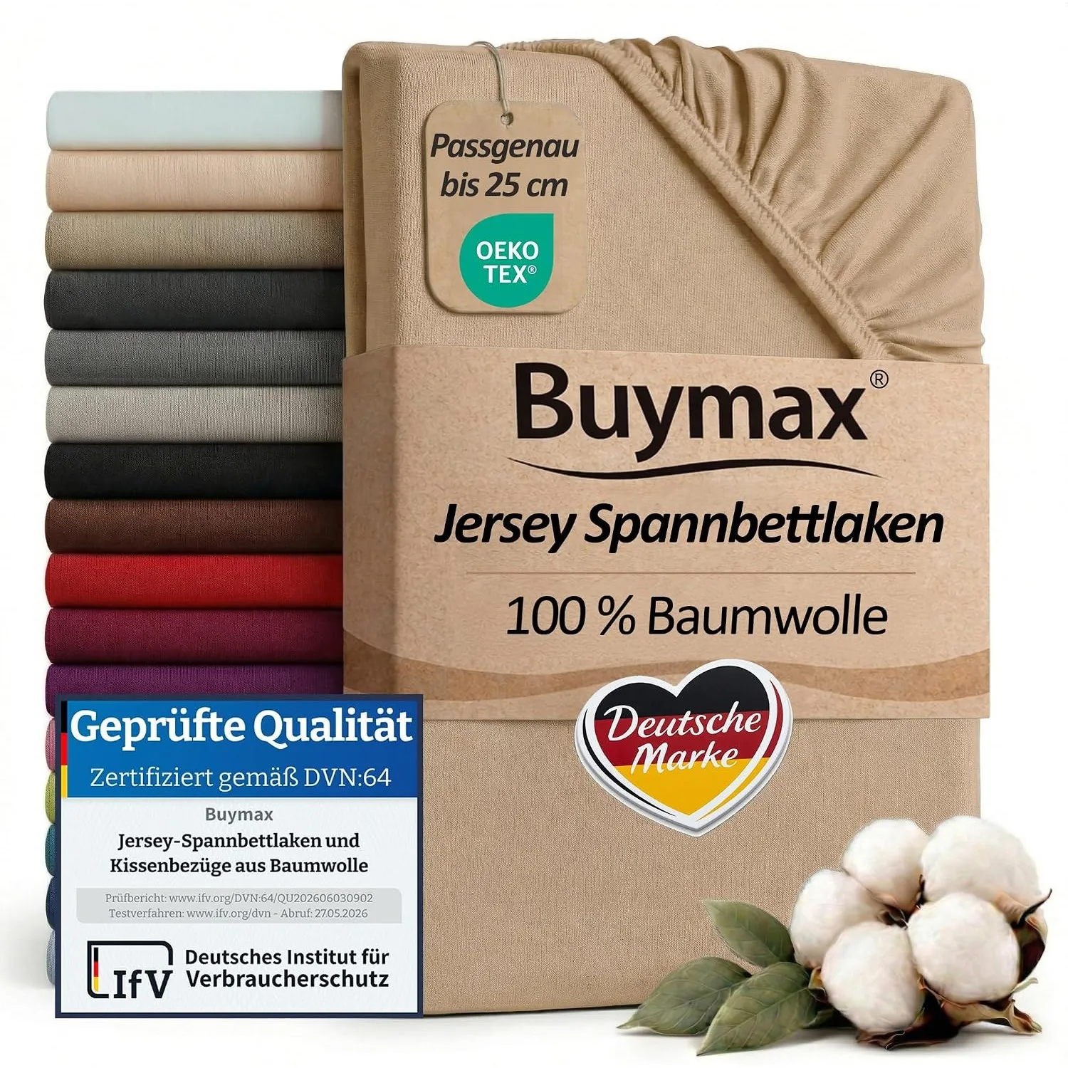 Buymax Spannbettlaken 200x200cm Baumwolle 100% Spannbetttuch Bettlaken Jersey, Matratzenhöhe bis 25 cm, Farbe Sand